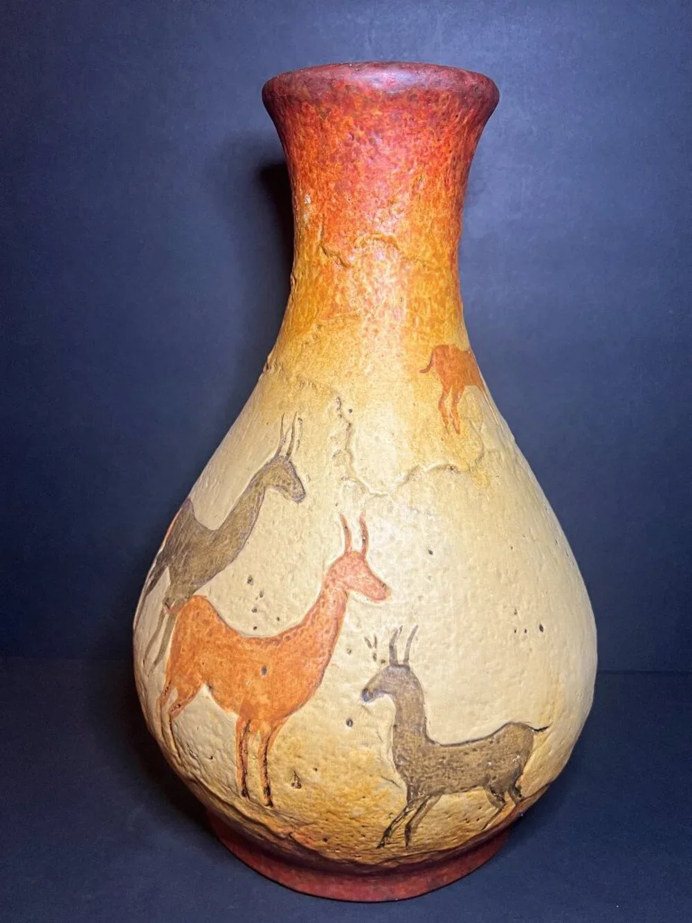 Vintage Unglazed Hand Painted Mexican Folk Art Pottery Sacred Deer Vase Vessel